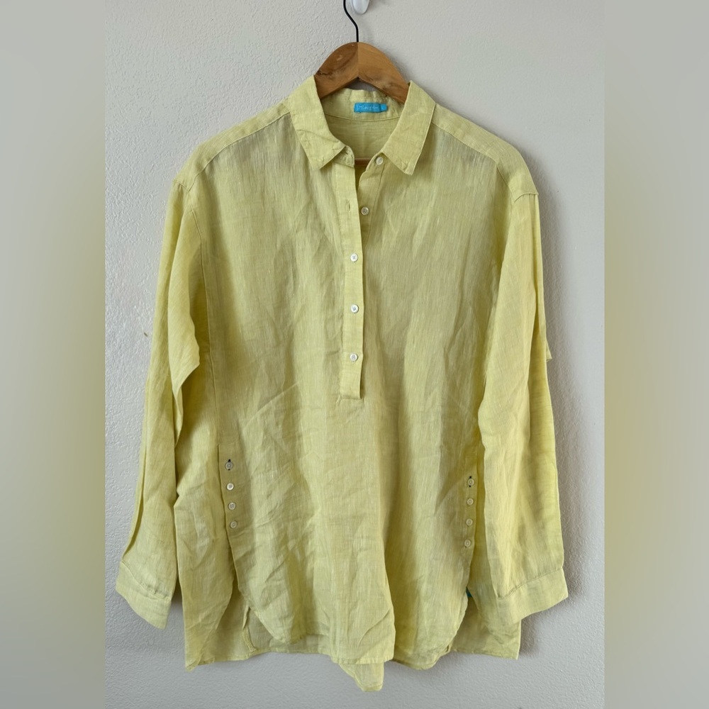 J. McLaughlin Fallon Linen Light Yellow Casual Button Popover Shirt Large